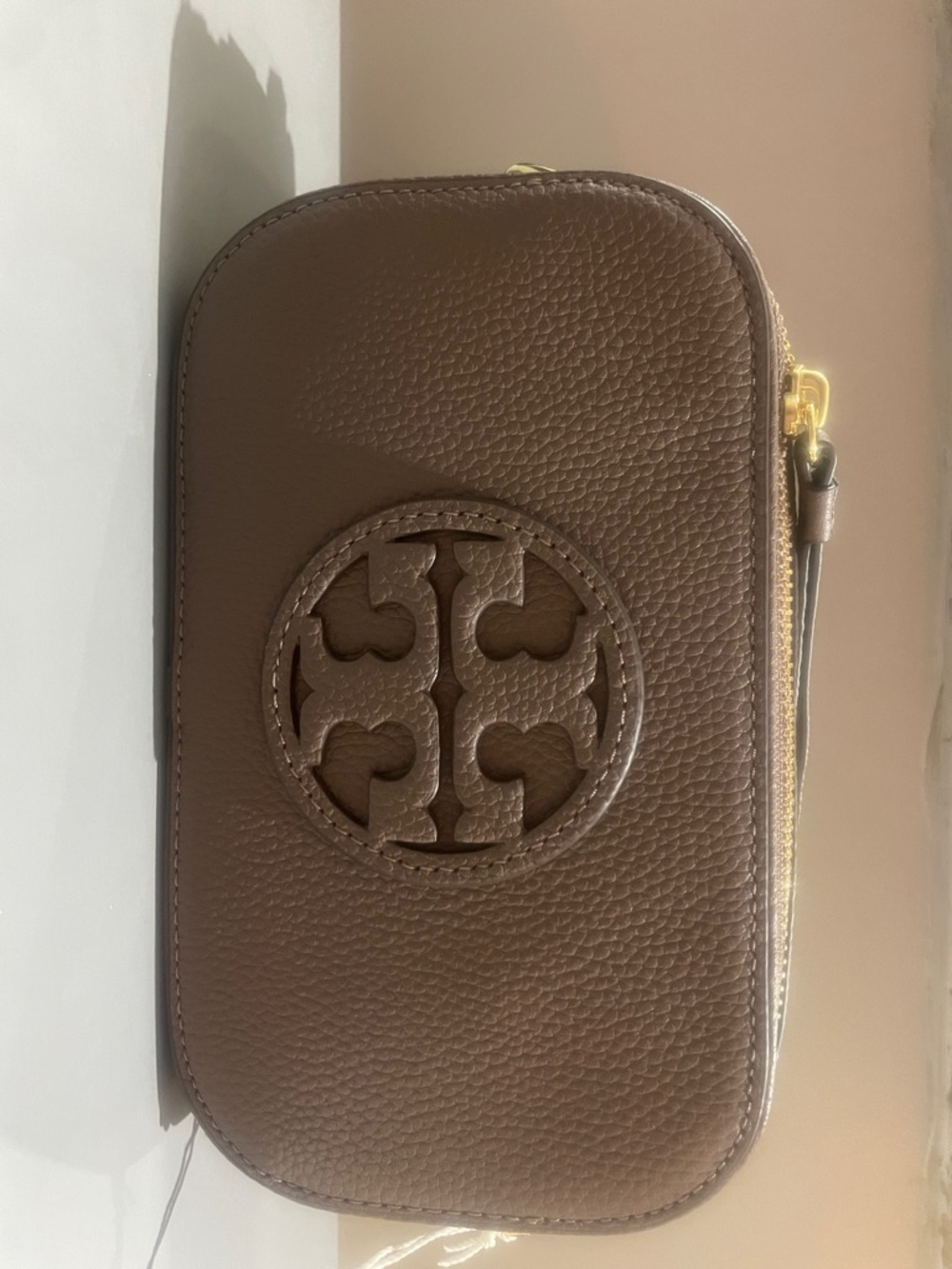Tory Burch Brown Pebbled Leather Crossbody Camera Bag with Gold Hardware